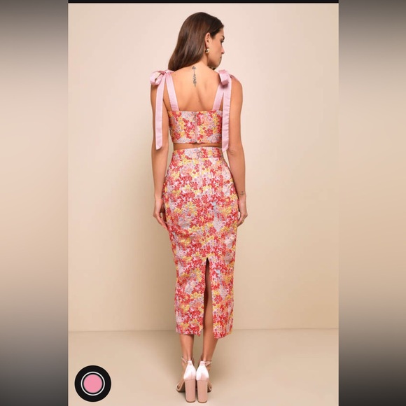 Lulus Ellarina pink multi metallic tie strap two piece midi dress - Picture 4 of 5